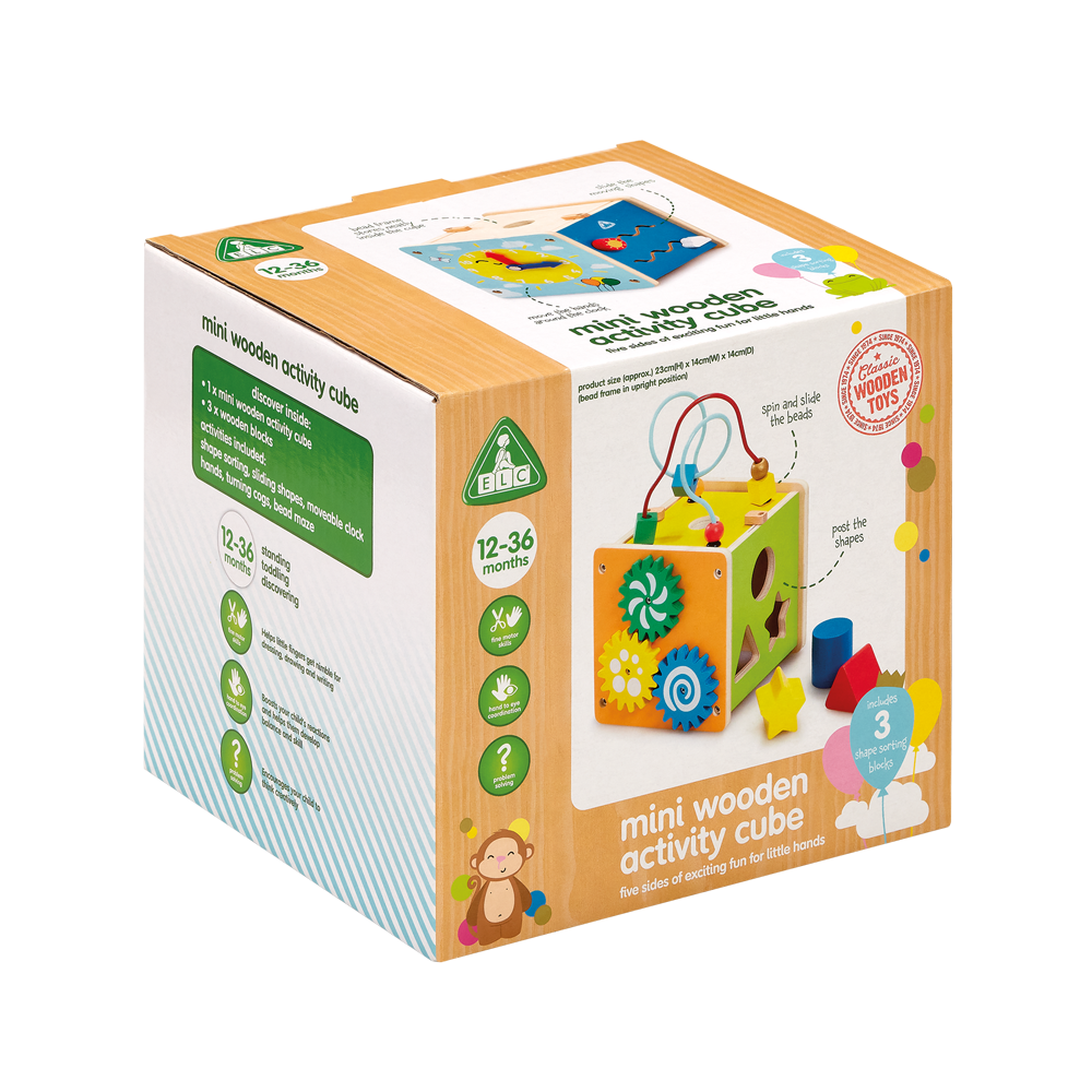 Packaging for ELC - Wooden Small Activity Cube featuring the product with colorful beads and gears, and a child playing with it.