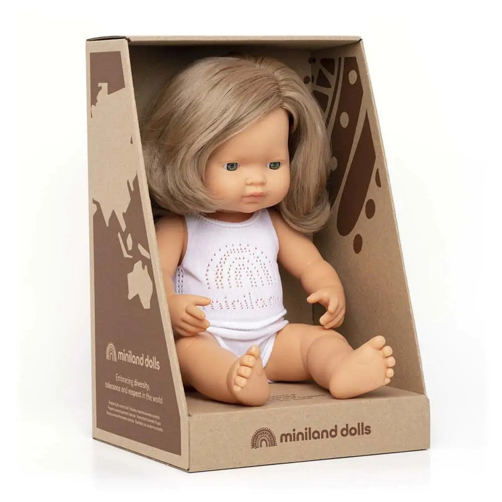 Miniland Doll 38cm - Caucasian Dark Blonde Girl Baby Doll