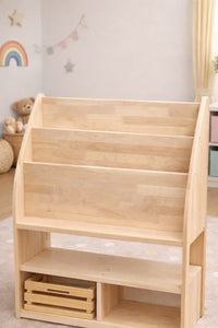 Bookshelf with bamboo storage crates