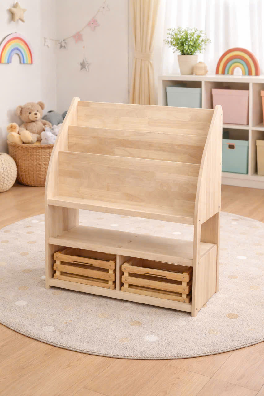 Bookshelf with bamboo storage crates
