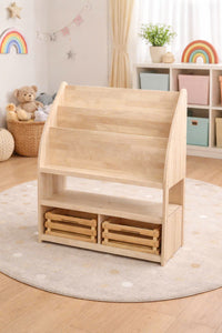 Bookshelf with bamboo storage crates