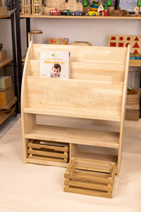 Bookshelf with bamboo storage crates
