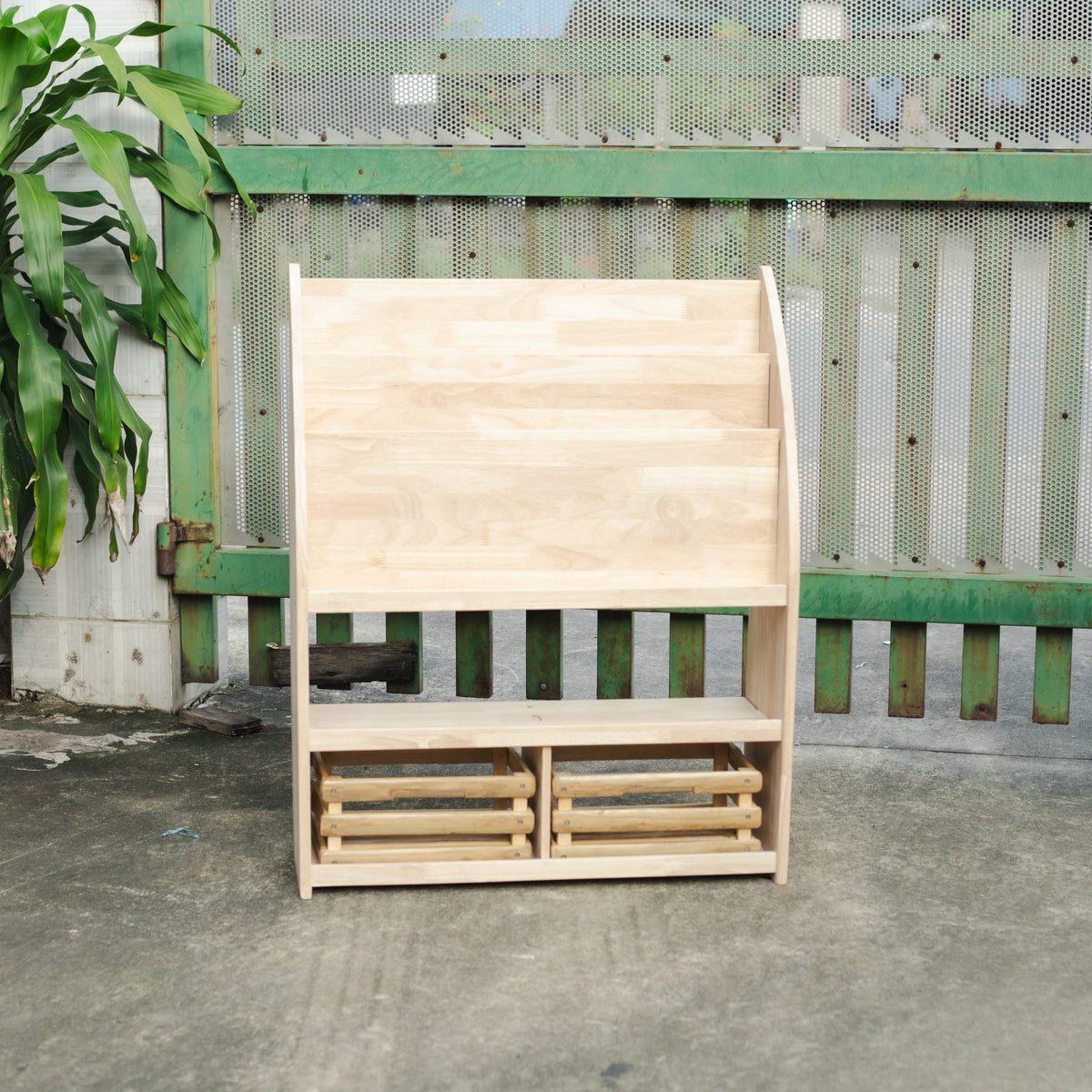 Bookshelf with bamboo storage crates