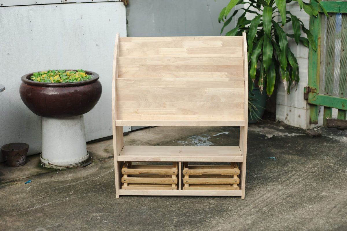 Bookshelf with bamboo storage crates