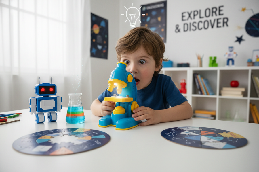 A cinematic, close-up wide shot focusing on a child's face, full of wonder and concentration. The child is peering intently into a toy microscope. On the desk around them are pieces of a complex jigsaw puzzle, a small coding robot, and a beaker with colourful (safe) liquid. The image captures the 'aha!' moment of discovery in a clean, modern kids' room.