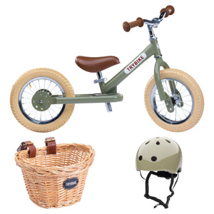 Trybike Vintage Green, Helmet and Basket bundle