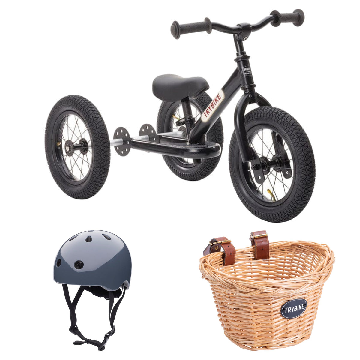 Trybike Black, Helmet and Basket bundle