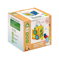 Packaging for ELC - Wooden Small Activity Cube featuring the product with colorful beads and gears, and a child playing with it.