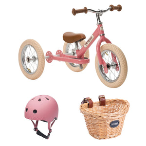Trybike Steel Vintage Pink with matte pink helmet and wicker basket