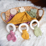 Natural Rubber Teether with a Mustard Muslin Tie