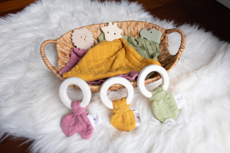 Natural Rubber Teether with a Mustard Muslin Tie