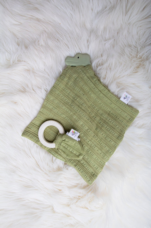 Natural Rubber Teether with a Sage Green Muslin Tie