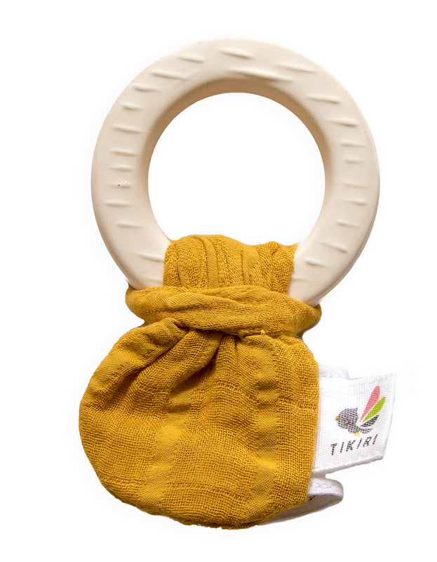 Natural Rubber Teether with a Mustard Muslin Tie