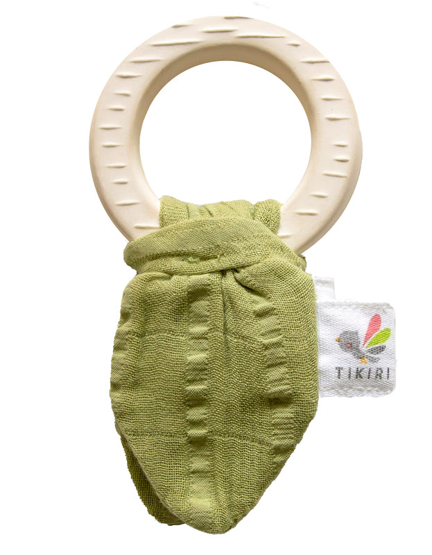 Natural Rubber Teether with a Sage Green Muslin Tie