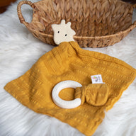 Natural Rubber Teether with a Mustard Muslin Tie