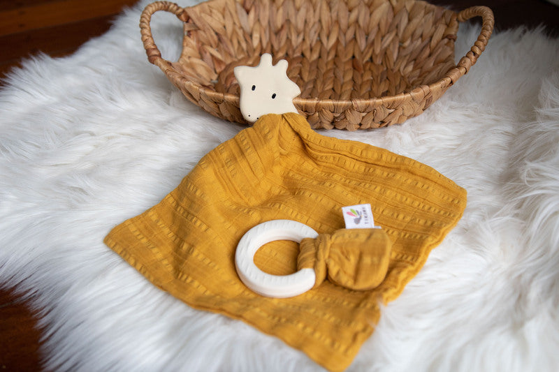 Natural Rubber Teether with a Mustard Muslin Tie