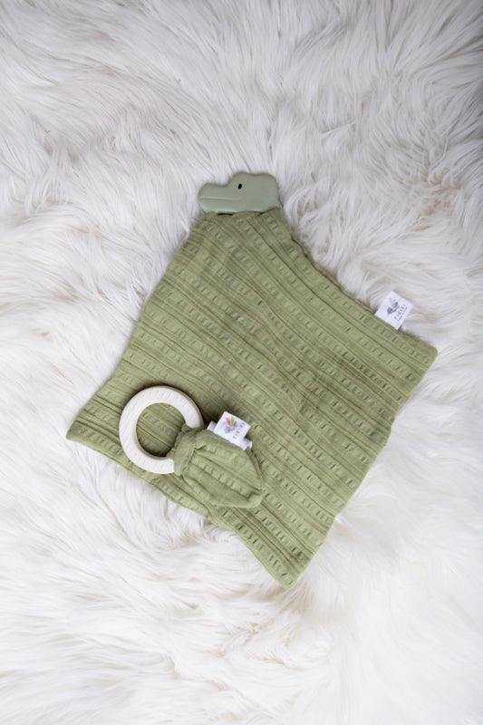 Crocodile Rubber Teether with a Olive Green Muslin Comforter